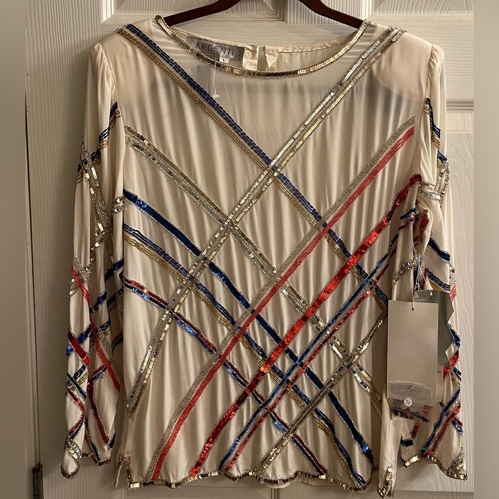 VTG~ARGENTI~CREAM BLOUSE~100% SILK-SEQUINS~LG~ NWT